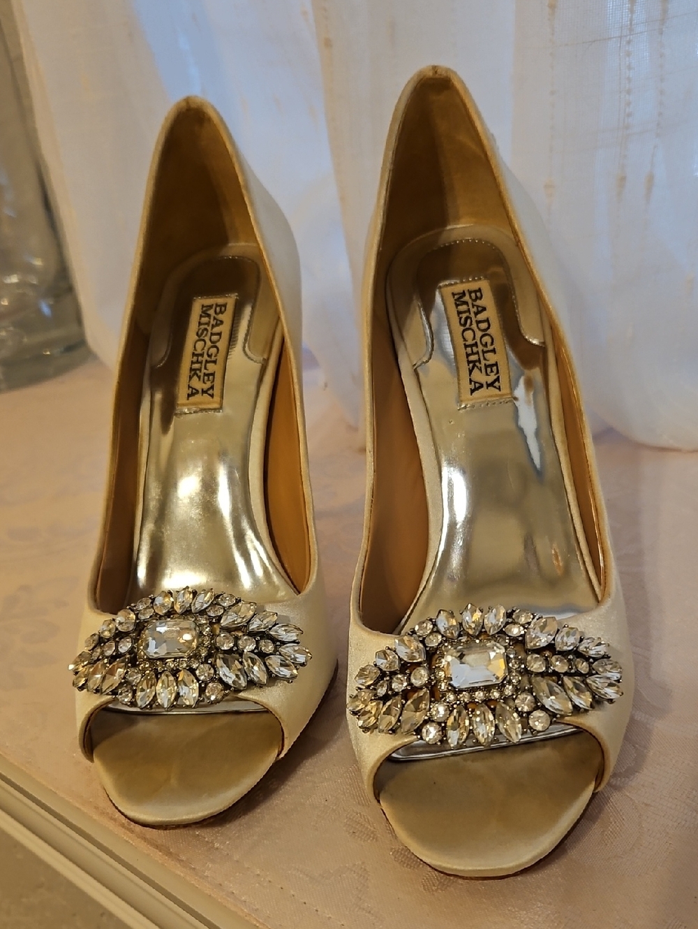 Badgley Mischka Champagne Crystal-Embellished Peep-Toe Pumps